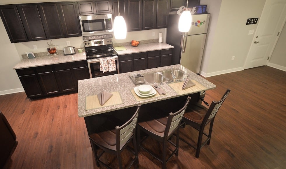 Update photos of Greyhound Village construction progress on July 20, 2016. No furniture staging until next week, although the fitness equipment was installed today. Courtyards still need lots of work. (Photo: D. Todd Moore, University of Indianapolis)